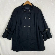 AB Studio Coat Womens 12 Pockets Double Breasted Mocked Lined 3/4 Pleated Sleeve
