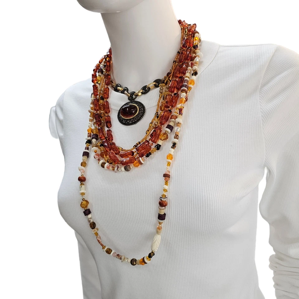 Juego de (4) collares con cuentas de topacio collar de latón lucita ámbar coñac ojo de tigre Foto 2 de 4