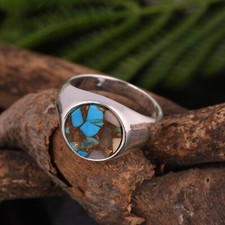 Copper Turquoise Signet Ring For Men's Solid 925 Sterling Silver Jewelry Gift