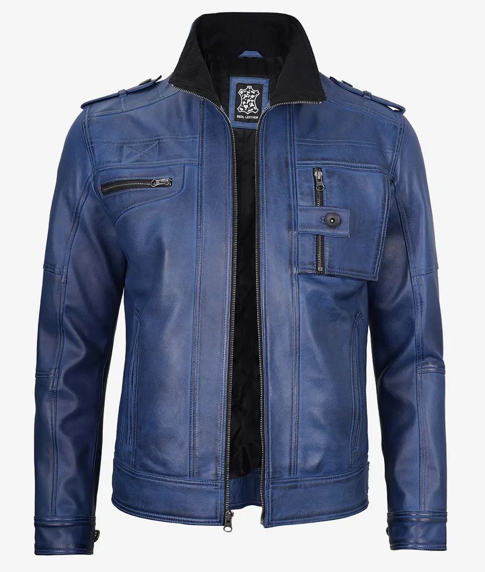 Men's New Stylish Moto Biker Race Bomber Genuine Sheepskin Blue Leather Jacket