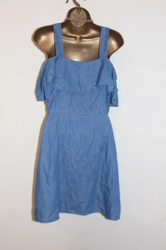 Lipsy Denim Blue Mini Dress 10 Button front Cold Shoulder Summer Cotton Skater - Picture 3 of 17