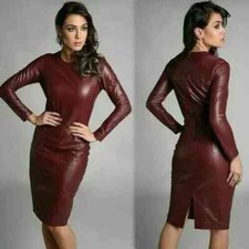Burgundy Women's Leather Dress Genuine Lambskin Stylish Soft Formal Party Wear