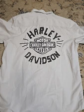 Harley Davidson Motorcycles Chain Stitch Logo Snap Button Up Shirt Light Gray