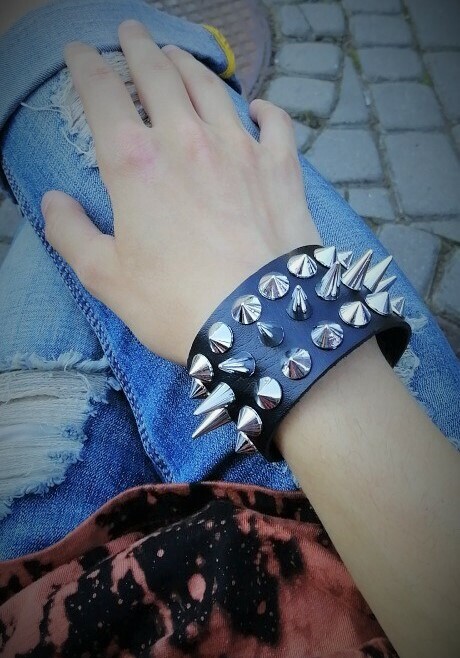 Gothic Punk Emo Black Leather Wide Band Bracelet w/ 3 Rows