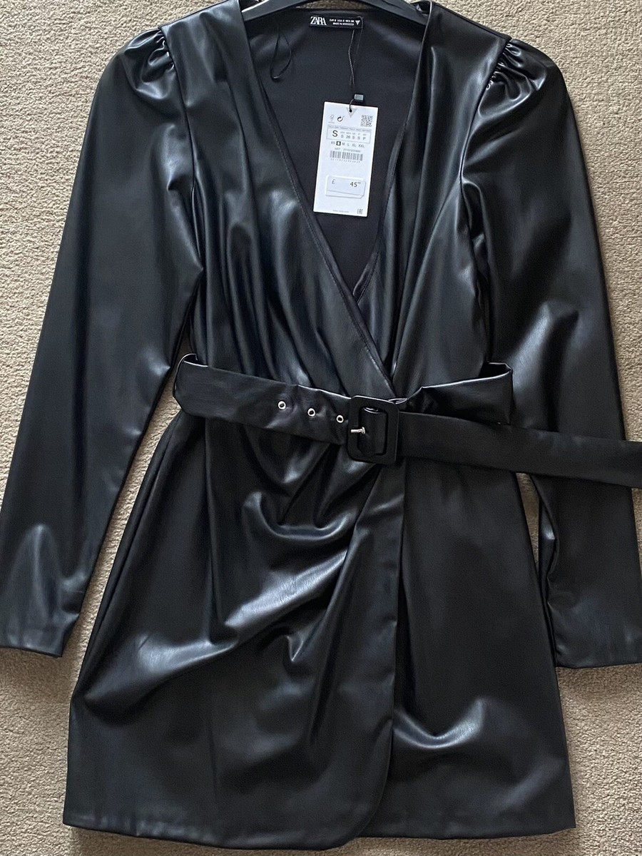 Zara Black Faux Leather Belted Wrap Effect Dress Size S Bloggers