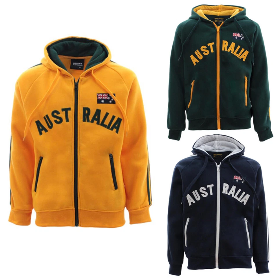 FRESH IDEA LIVING Kids Zip-up Hoodie Jacket Jumper Australian Australia Day Souvenir -Green & Gold