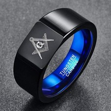 Black Blue Masonic Mens Ring Tungsten Wedding Bands Signet Ring Men Comfort Fit