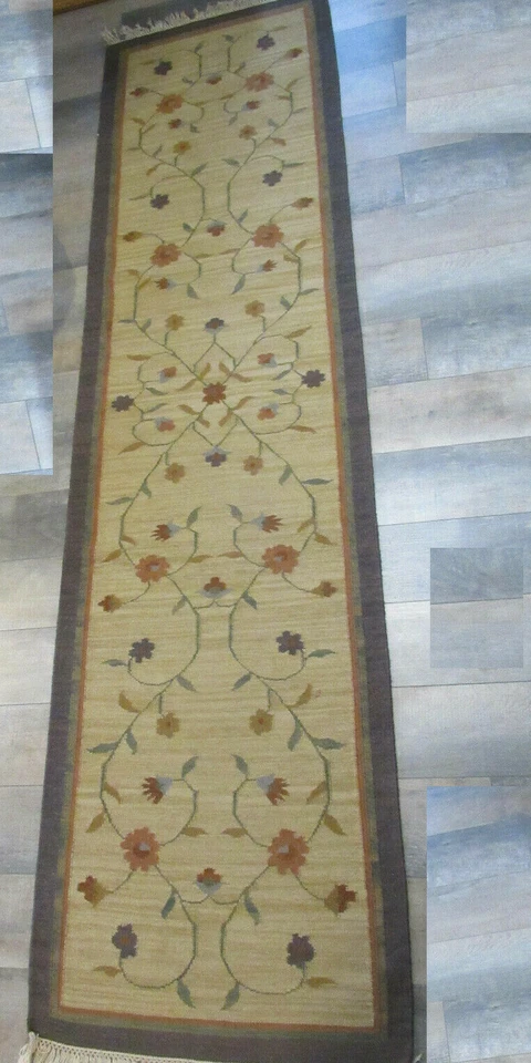 ¡CORREDOR DE LANA ANUDADO A MANO VINTAGE! 32"x10' ¡PATRÓN FLORAL! FRINGE EN LOS EXTREMOS! ALFOMBRA Foto 3 de 4