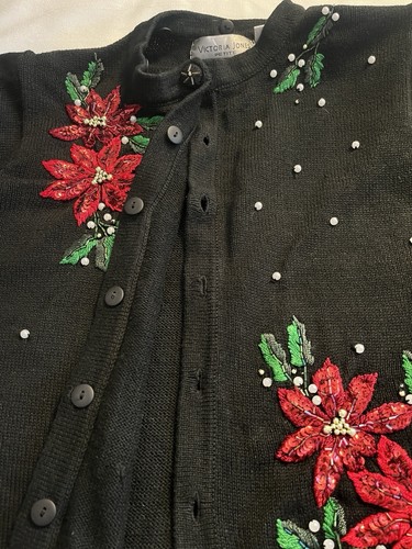Vintage Victoria Jones Sz PXL Christmas Sweater Fur Removable Collar Poinsettia - Picture 2 of 18