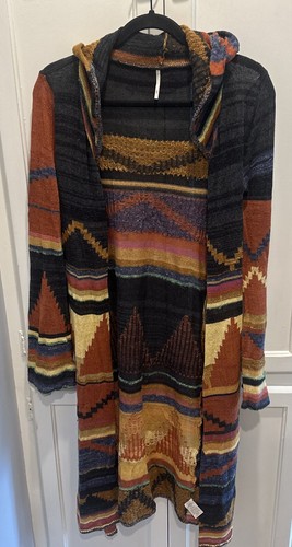 Free People Women Lima Aztec Long Hooded Open Cardigan Duster Boho Festival