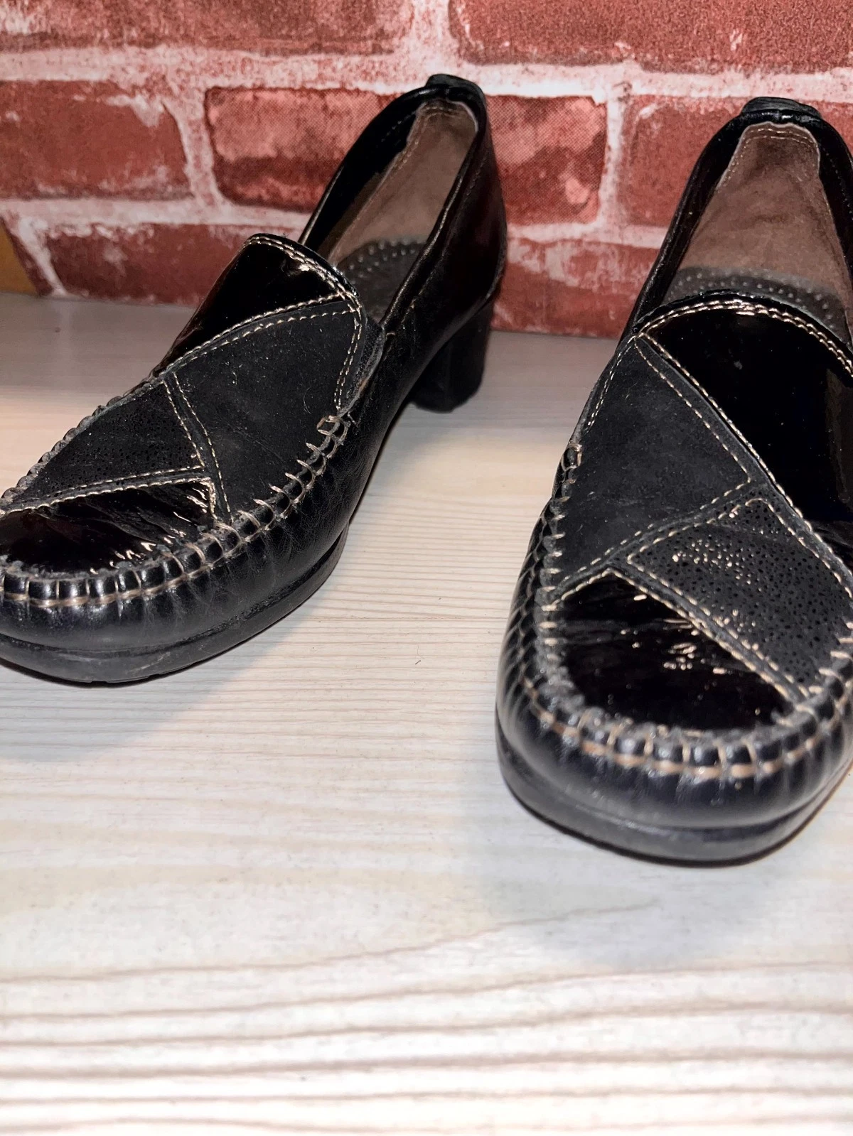 Pavers Flats Women's EU 38 UK 5 Black Leather Slip On Block Heel Loafers Shoes