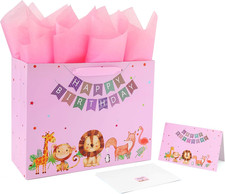 13" Large Pink Gift Bag Set with Greeting Card and Tissue Papers Animal and Hap