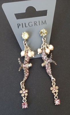 Pilgrim Silber Pink Blüten Hänger Gelb Perlen Vintage Ohrringe Schwalben Strass