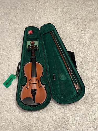 VTG Violin With Bow And Dark Mini Rosin In A Black (Green Inside) Carry Case