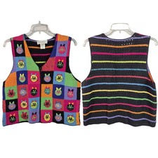 Susan Bristol Blue Red Green Crochet Cats Button Up Vintage Sweater Vest L P