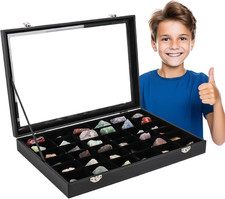Rock Collections Box for Kids - PU Leather Rock Display Case with 36 Grid - Stor