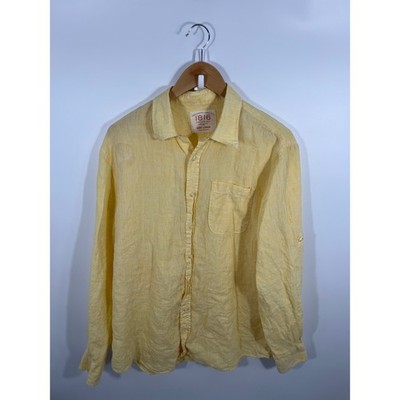 Mens 100% Linen Button Up L Butter Yellow Euro Summer Resort Beach Lightweight
