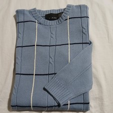 VTG Bill Blass Men's L 100 Cotton Lt Blue Cable-Knit Windowpane Plaid Sweater