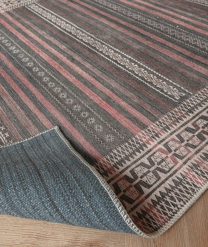 Современный полосатый небольшой ковер плоского плетения с приглушенной красно-серой отделкой — 7 футов 6 дюймов - Изображение 3 из 4