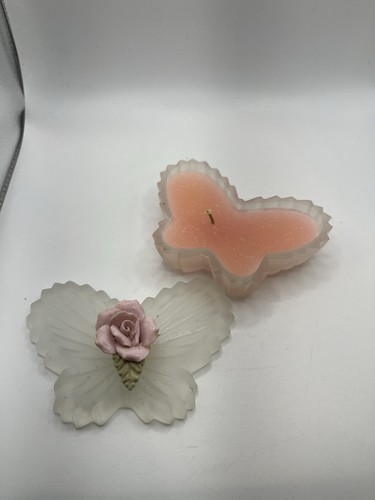 Vintage Butterfly Shape Frosted Glass Candle Holder- With Lid - Pink Rose on Top - Picture 4 of 24