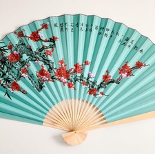 Large 60 35 in Oriental Wall Hanging Folding Fan Plum Flower Blue background