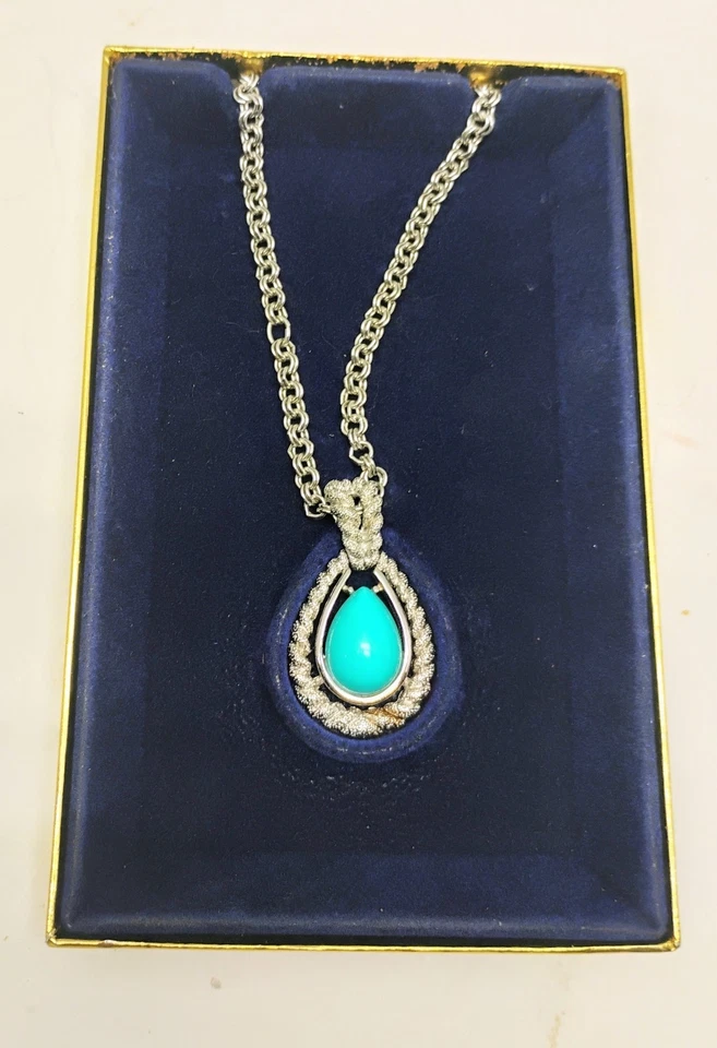 Collar Avon 1972 tono plata turquesa lágrima colgante en cadena cuerda 42" largo Foto 4 de 4