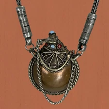 Antique 🖤 STERLING Tibetan SNUFF BOTTLE Pendant Turquoise Coral Metal Necklace