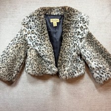Vintage 90s Faux Fur Leopard Print Crop Coat Jacket Made USA Jersey Diva Mob SM