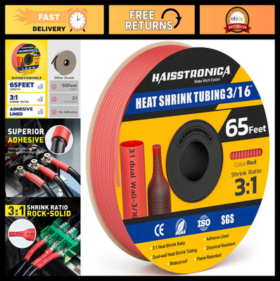 3:1 Heat Shrink Tubing - Adhesive Lined Marine Grade, 65FT Red, 3/16'' for Home,