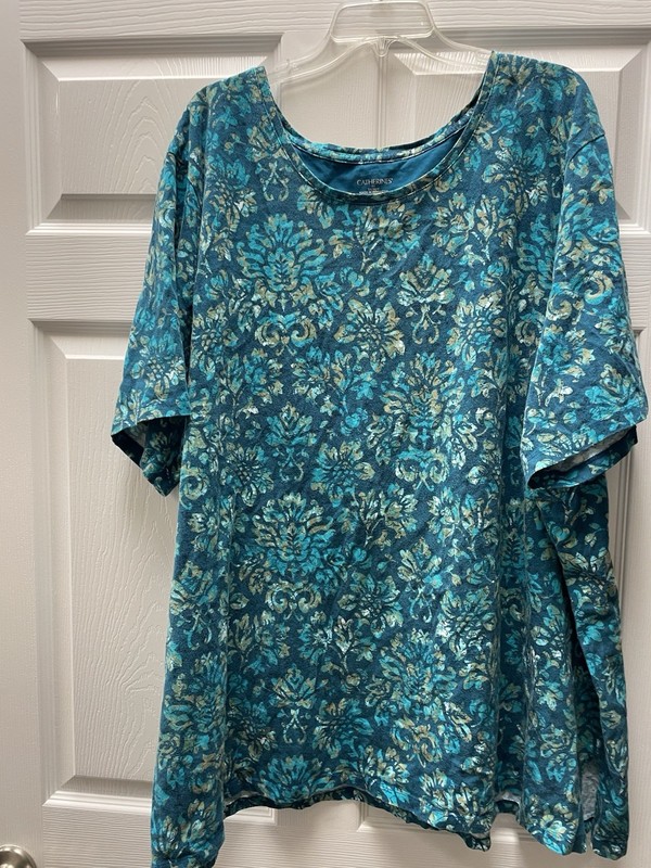 Catherines 5X 34/36Teal Turquoise Scroll Pattern  Knit Top Bust 70 35L SS Euc
