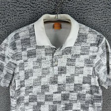 Hugo Boss Polo Shirt Mens Large Orange Label Cotton Black White Checks Geometric