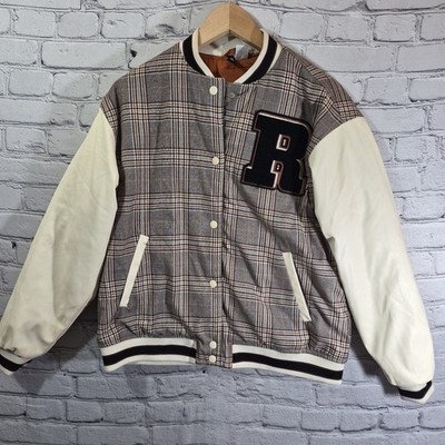 H&M DIVIDED Varsity Jacket Snap Up Brown Beige Plaid Womens XS Preppy Casual