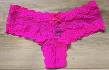 Vintage Victoria's Secret Hot Pink Sheer Nylon Lace Cheeky Panties Bow XS
