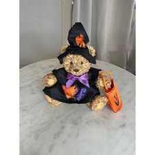 Vintage Halloween Witch Teddy Bear Figurine Resin Collectible Black Orange 5.5"