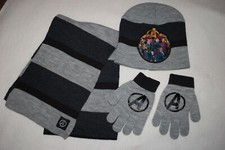 Boys Winter Hat Scarf Gloves AVENGERS INFINITY WAR Black Gray Stripe MARVEL