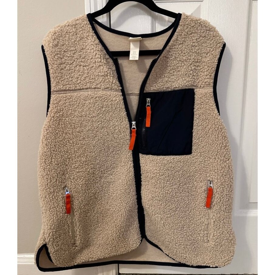H&M Fleece Vest Full Zip Pockets Sleeveless Outdoor Casual Beige M