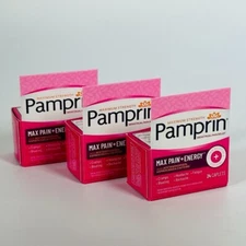 3x Pamprin Max Pain+Energy Menstrual Relief Caplets 24ct Maximum Strength 12/26