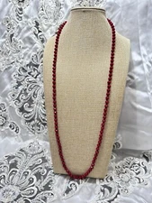 Women’s Long Red Glass Beaded Necklace Faceted Hand Knotted Over The Head 4145 Y