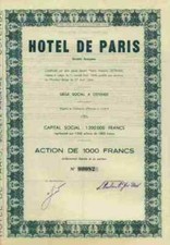 Hotel de Paris 1000 Fr. Societe Anonimowe 1946 Ostenda Belgia Flandria Zachodnia Talon