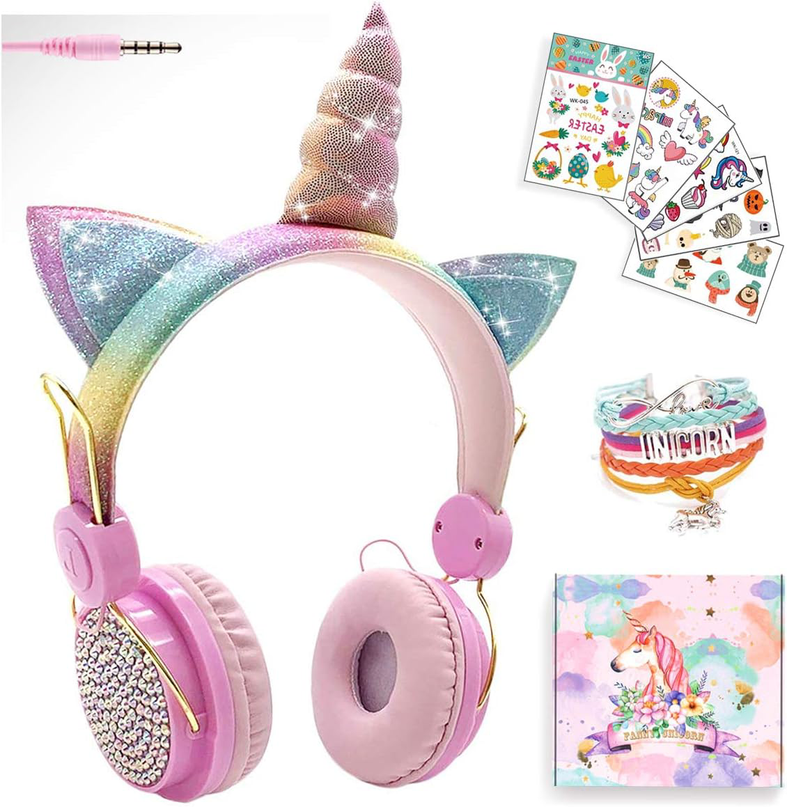 Girls Pink Unicorn Wired Headphones,Cute Cat Ear Kids Game