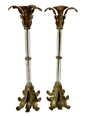 (2) Vintage John Richard Palm Fronds  Brass &  Crystal Pillar Candle Holders 31 