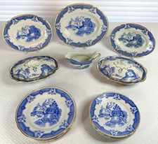 Antique 17-Pc Blue Willow  Shell  Ware Child's Toy Dinner Set Mini Staffordshire