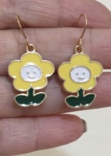 Enamel Yellow Flower Face Charm Dangle Earrings Rose Gold Plated Hypoallergenic