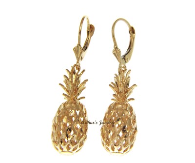 SOLID 14K YELLOW GOLD HAWAIIAN DIAMOND CUT 3D PINEAPPLE LEVERBACK EARRINGS 9.9MM