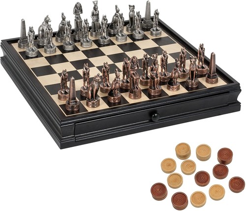 WE Games Pewter Egyptian Chess & Checkers Set, Black Stained Wood Board, 15 in. - 第 1/7 張圖片