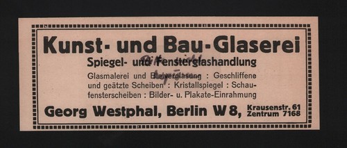 BERLIN, Werbung 1926, Georg Westphal Kunst-Bau-Glaserei Spiegel-Fenster-Glas-Han