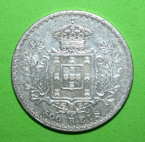 S2 - Portugal 500 Reis 1891 Almost Uncirculated Silver Coin - King Carlos I - 第 2/2 張圖片