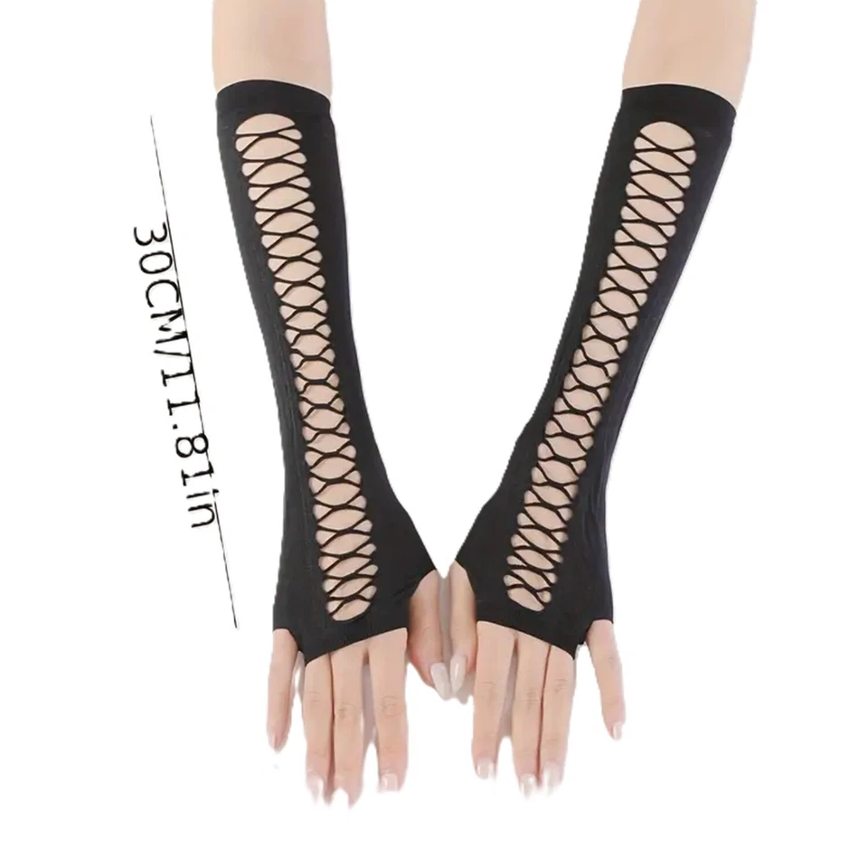Gothic Black HOLLOW SLASHED SLEEVE LONG FINGERLESS GLOVES Punk Steampunk Cosplay - Image 3 of 4
