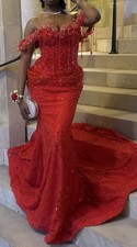 Red Off-Shoulder Long Ballgown Prom Dress S/M Beaded Embroidered Diamond Cotton
