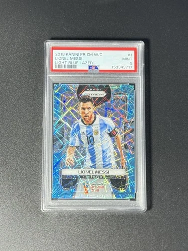 2018 Panini Prizm World Cup Lionel Messi ##1 Light Blue Lazer /125 PSA 9